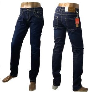 Men's CD395 Dark Blue Sandblast Denim Casual Zip Pants